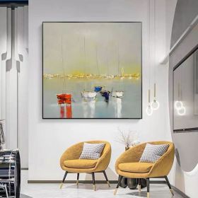 Ocean Wall Art Canvas Oil Painting Sunrise Bathroom Handmade Boat Landscape Posters Picture for Bedroom Beach House Decor