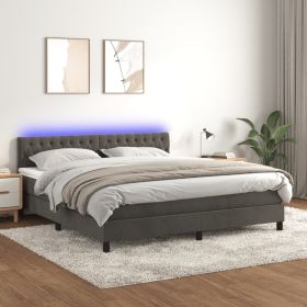 Box Spring Bed with Mattress&LED Dark Gray Queen Velvet