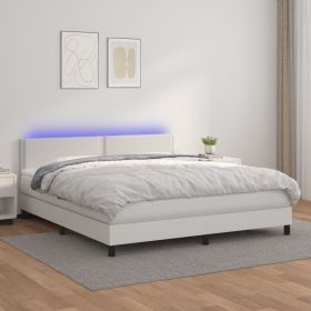 Box Spring Bed with Mattress&LED White California King Faux Leather