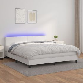Box Spring Bed with Mattress&LED White Queen Faux Leather