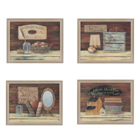 "Bathroom II Collection " 4-Piece Vignette By Pam Britton; Printed Wall Art; Ready To Hang Framed Poster; Beige Frame