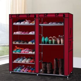 Double Rows Home Shoe Rack Shelf Storage Closet Organizer Cabinet Portable Cover Wine Red