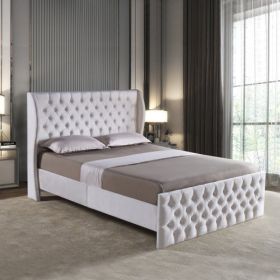 Queen Size Platform Bed Frame, Velvet Upholstered Sleigh Bed with Scroll Wingback Headboard & Footboard/Button Tufted