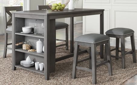TOPMAX 5 Pieces Counter Height Rustic Farmhouse Dining Room Wooden Bar Table Set with 2 stools and 2 Chairs, Gray